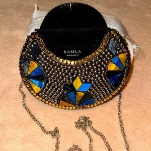 RAMLA Handmade Black, Gold and Blue Mini Mosaic Bag NWOT